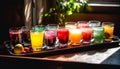 Multi colored cocktail glass holds fresh fruit drink generated by AI Royalty Free Stock Photo