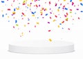 Multi-colored confetti fall on a white round podium. Isolated victory vector illustration