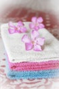 Multi-colored cotton white blue pink bath towels for the bathroom Royalty Free Stock Photo