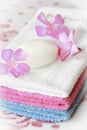 Multi-colored cotton white blue pink bath towels for the bathroom Royalty Free Stock Photo