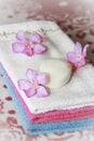 Multi-colored cotton white blue pink bath towels for the bathroom Royalty Free Stock Photo