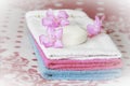 Multi-colored cotton white blue pink bath towels for the bathroom Royalty Free Stock Photo