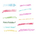 Multi colored crayon strokes scribble set. Childish charcoal pencil drawing. Doodles and curved lines, straight thin