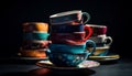 Multi colored crockery stack on wooden table, pottery mug collection decoration generated by AI