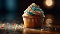 Multi colored cupcake with chocolate icing and candy decoration for celebration generated by AI Royalty Free Stock Photo