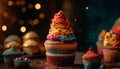 Multi colored cupcake with chocolate icing and ornate decoration on wood table generated by AI Royalty Free Stock Photo