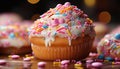 Multi colored cupcake with pink icing and chocolate decoration generated by AI Royalty Free Stock Photo