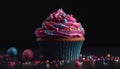 Multi colored cupcake with pink icing and strawberry decoration on black background generated by AI Royalty Free Stock Photo