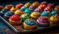 Multi colored cupcakes with ornate decorations and icing generated by AI Royalty Free Stock Photo