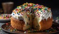 Multi colored dessert table with homemade baked panettone and gourmet candy generated by AI