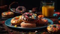 Multi colored donut with chocolate icing and sprinkles generated by AI Royalty Free Stock Photo