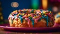 Multi colored donut with chocolate icing and sprinkles generated by AI Royalty Free Stock Photo