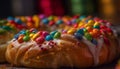Multi colored donut with icing and sprinkles generated by AI Royalty Free Stock Photo