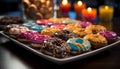 Multi colored donut on plate, a sweet temptation generated by AI Royalty Free Stock Photo