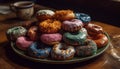 Multi colored donut stack on rustic wood table, a sweet temptation generated by AI