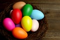 Multi colored easter eggs in birds nest on dark wooden planks table top closeup view selective focus. Easter holiday banner, card