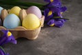 Multi colored Easter eggs in a cardboard box and fresh flower on a wooden background, place for text. Close-up Royalty Free Stock Photo