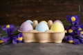 Multi colored Easter eggs in a cardboard box and fresh flower on a wooden background, space for text Royalty Free Stock Photo