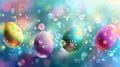 Multi-colored Easter eggs frozen in the air surrounded by soap bubbles. Royalty Free Stock Photo