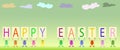 multi-colored Easter eggs with funny faces hold hands a multi-colored inscription happy Easter Royalty Free Stock Photo