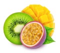 Multi-colored exotic composition with fruit mix of passion fruit, kiwi and mango, isolated on a white background with