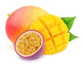 Multi-colored exotic composition with fruit mix of passion fruit and mango, isolated on a white background with clipping path Royalty Free Stock Photo