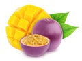 Multi-colored exotic composition with fruit mix of passion fruit and mango, isolated on a white background with clipping path