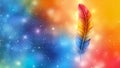 Multi-colored feather on a multi-colored rainbow background, blue, yellow and red colors and their shades. Copy space. Royalty Free Stock Photo