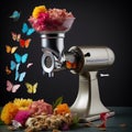 Multi-colored flowers fall into a meat grinder and turn into beautiful butterflies,