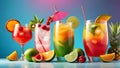 multi-colored fruit cocktails, with ice and tropical fruits, with cocktail tubes, on the table, on a blue background Royalty Free Stock Photo