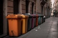 Multi-colored garbage containers on the city street, recycling and separate waste collection concept, AI Generated