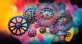 Multi-colored gears on a black background