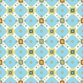 Multi-colored geometric shapes on a white lattice. Lattice on a blue background. Seamless pattern. Vector Royalty Free Stock Photo