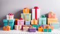 Multi-colored gift boxes in an empty room. Concept gifts for birthdays, holidays