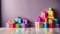 Multi-colored gift boxes in an empty room. Concept gifts for birthdays, holidays