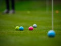 Multi-colored golf balls on green grass. Golf Club. Sports and recreation Royalty Free Stock Photo