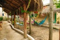 Multi-colored hammocks and swing among palm trees at the hotel Royalty Free Stock Photo