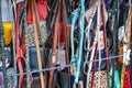 Multi-colored handbags and belts handmade in the window of a street vendor Royalty Free Stock Photo