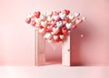 Multi-colored heart-shaped air balloons fly through the open door into an empty pink room.. Valentine\'s Day concept Royalty Free Stock Photo