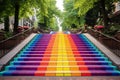 Multi-colored high staircase in the city. Rainbow colored steps. Bright city concept.