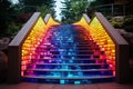 Multi-colored high staircase in the city. Rainbow colored steps. Bright city concept.