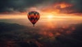 Multi colored hot air balloon flying high over mountain landscape generated by AI Royalty Free Stock Photo