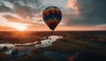 Multi colored hot air balloon flying high over tranquil landscape generated by AI Royalty Free Stock Photo
