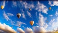 Multi colored hot air balloon flying mid air over vibrant landscape generated by AI Royalty Free Stock Photo