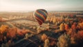 Multi colored hot air balloon flying over autumn landscape in nature generated by AI Royalty Free Stock Photo