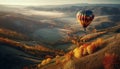 Multi colored hot air balloon flying over autumn mountain landscape generated by AI Royalty Free Stock Photo