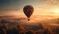 Multi colored hot air balloon flying over mountain landscape at sunset generated by AI Royalty Free Stock Photo