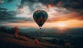 Multi colored hot air balloon flying over mountain landscape at sunset generated by AI Royalty Free Stock Photo