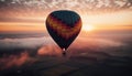 Multi colored hot air balloon soars high over mountain landscape Royalty Free Stock Photo