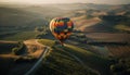 Multi colored hot air balloon soars over rural mountain landscape generative AI Royalty Free Stock Photo